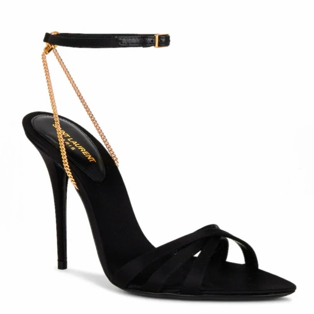 Saint Laurent Black Satin Pointed Toe Heeled Sandals with Gold Chain - Picture 6 of 9